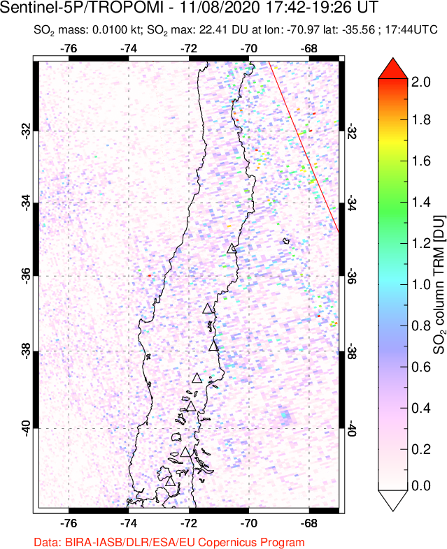 A sulfur dioxide image over Central Chile on Nov 08, 2020.