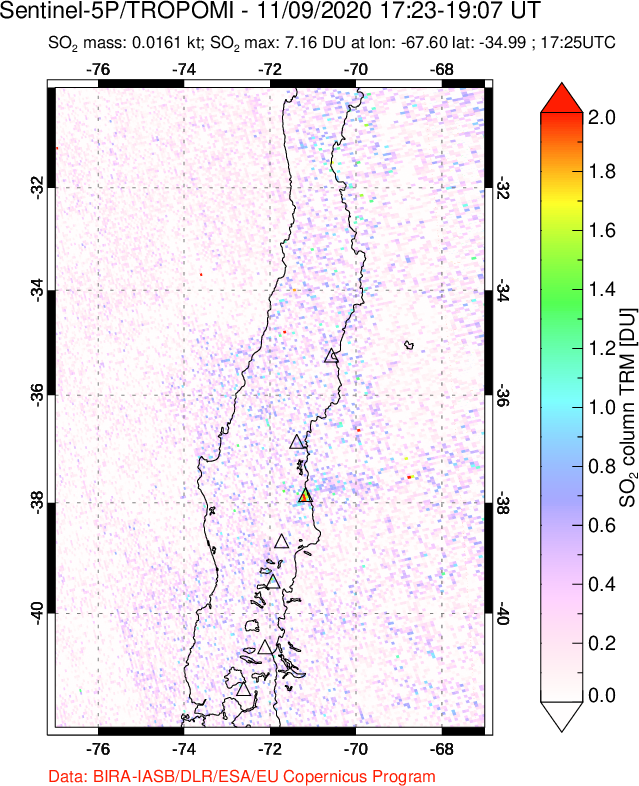 A sulfur dioxide image over Central Chile on Nov 09, 2020.