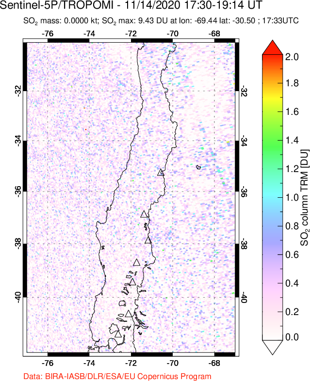 A sulfur dioxide image over Central Chile on Nov 14, 2020.