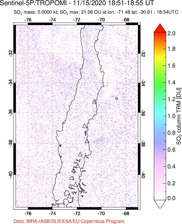 A sulfur dioxide image over Central Chile on Nov 15, 2020.