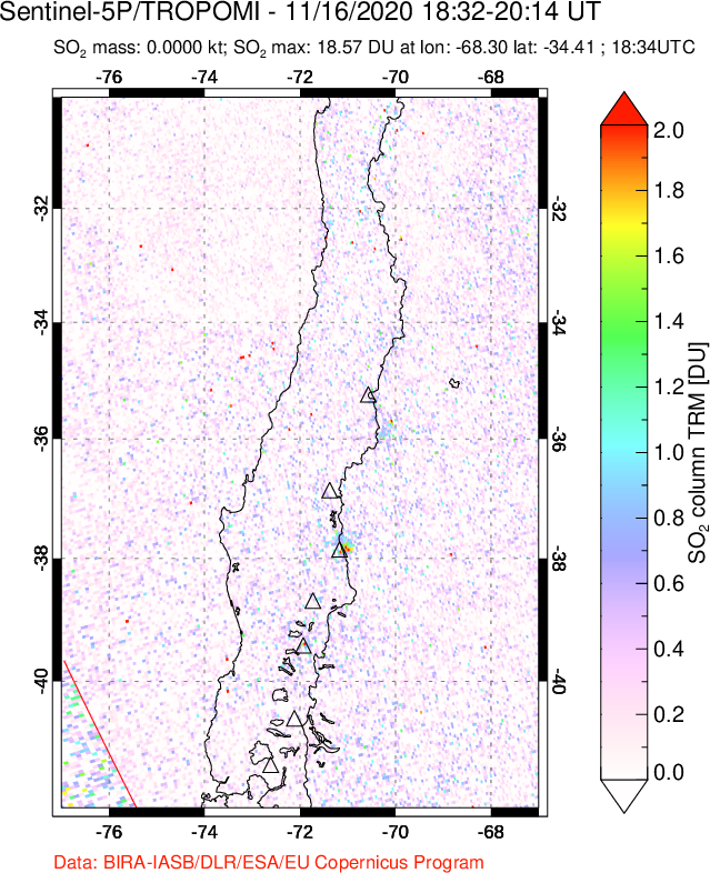 A sulfur dioxide image over Central Chile on Nov 16, 2020.