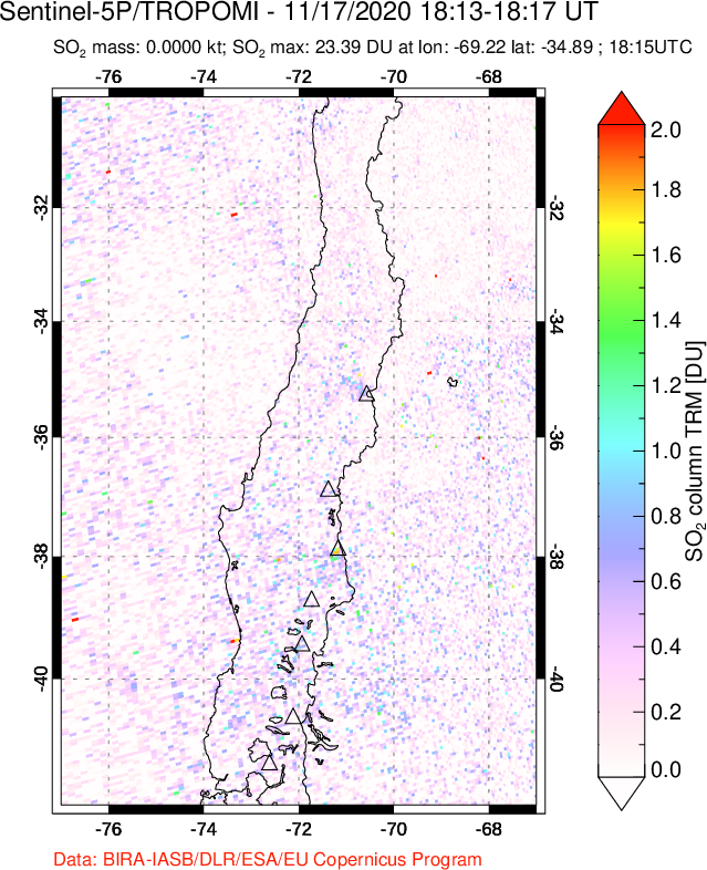 A sulfur dioxide image over Central Chile on Nov 17, 2020.