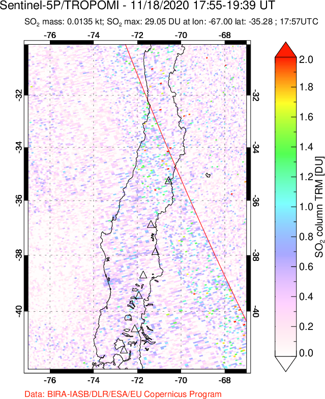 A sulfur dioxide image over Central Chile on Nov 18, 2020.