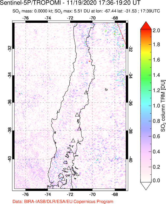 A sulfur dioxide image over Central Chile on Nov 19, 2020.