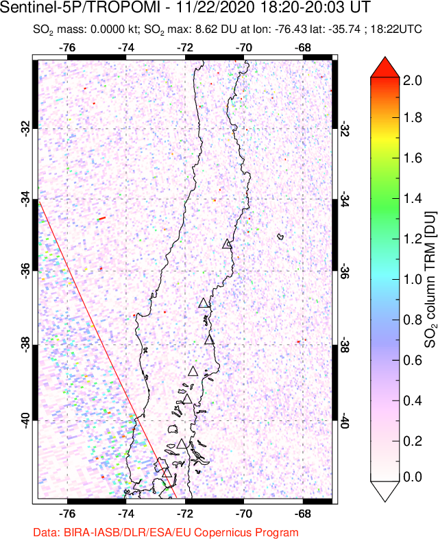 A sulfur dioxide image over Central Chile on Nov 22, 2020.