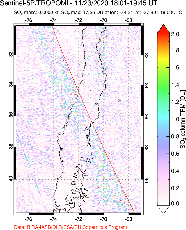 A sulfur dioxide image over Central Chile on Nov 23, 2020.