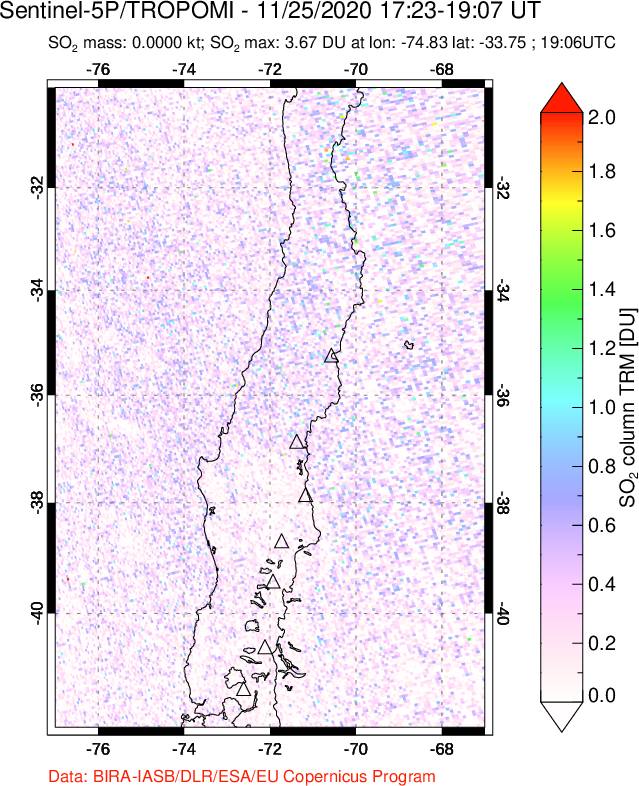 A sulfur dioxide image over Central Chile on Nov 25, 2020.