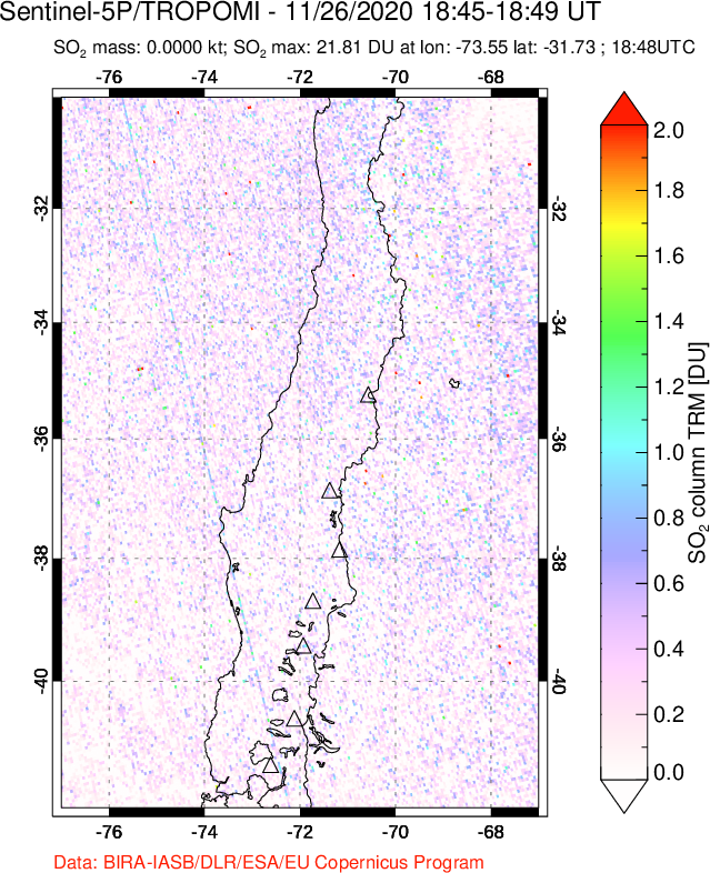 A sulfur dioxide image over Central Chile on Nov 26, 2020.
