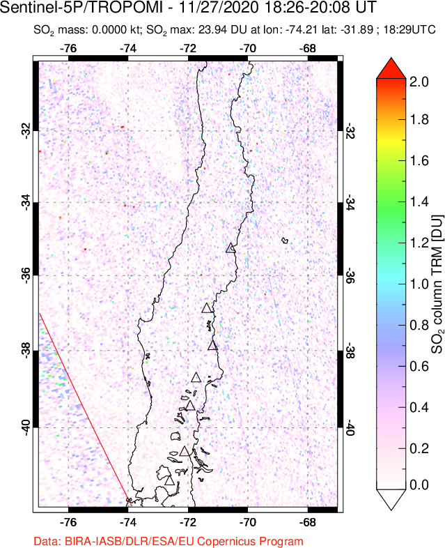 A sulfur dioxide image over Central Chile on Nov 27, 2020.