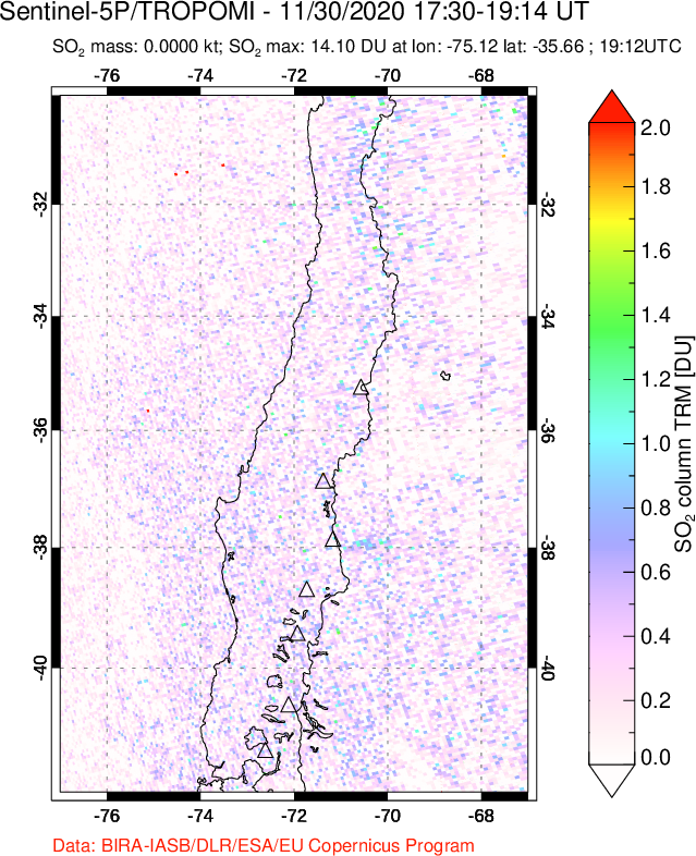A sulfur dioxide image over Central Chile on Nov 30, 2020.