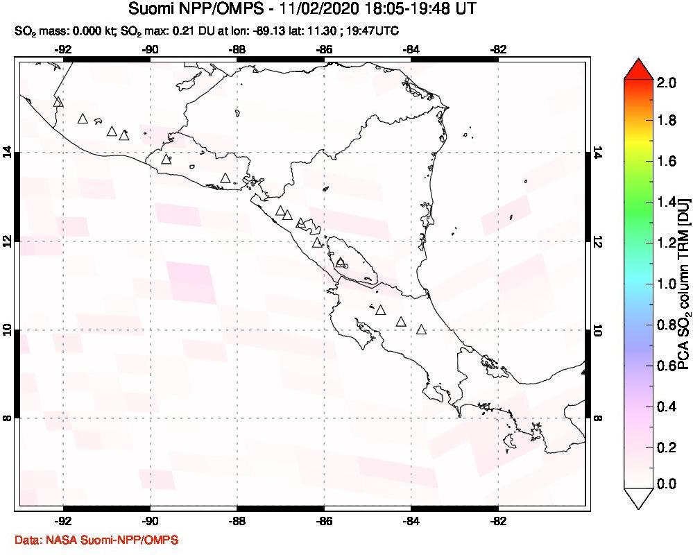 A sulfur dioxide image over Central America on Nov 02, 2020.