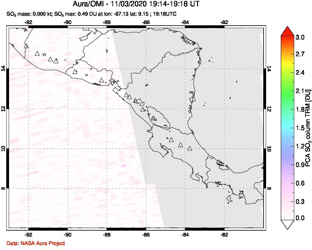 A sulfur dioxide image over Central America on Nov 03, 2020.
