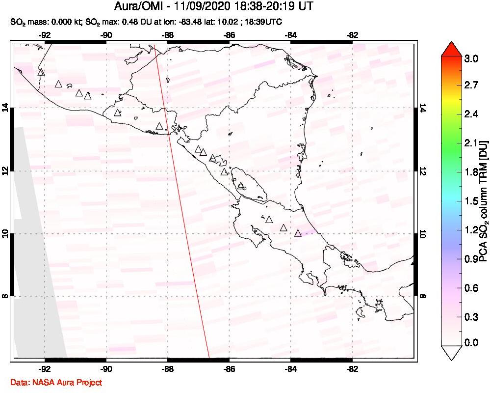 A sulfur dioxide image over Central America on Nov 09, 2020.