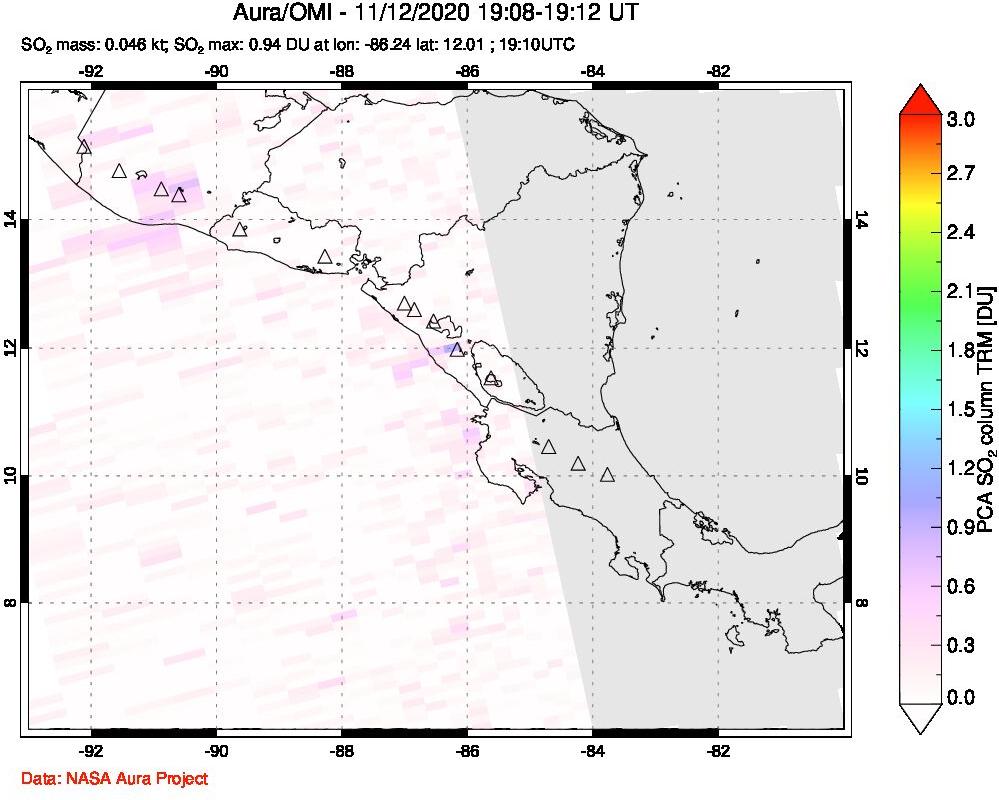 A sulfur dioxide image over Central America on Nov 12, 2020.