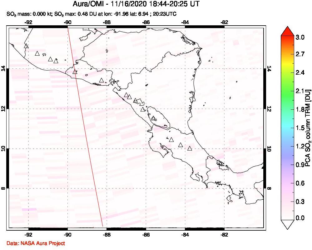 A sulfur dioxide image over Central America on Nov 16, 2020.