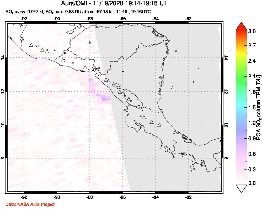 A sulfur dioxide image over Central America on Nov 19, 2020.