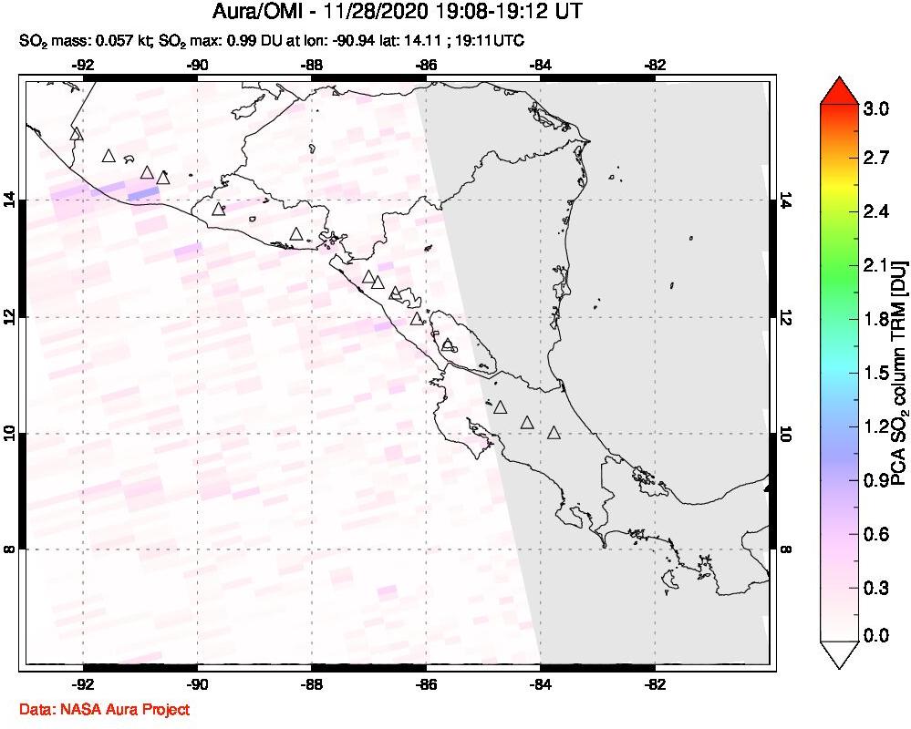 A sulfur dioxide image over Central America on Nov 28, 2020.