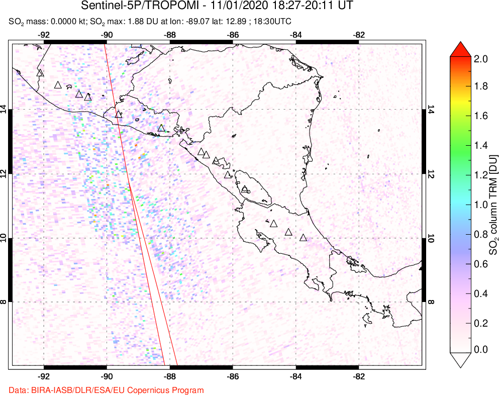 A sulfur dioxide image over Central America on Nov 01, 2020.