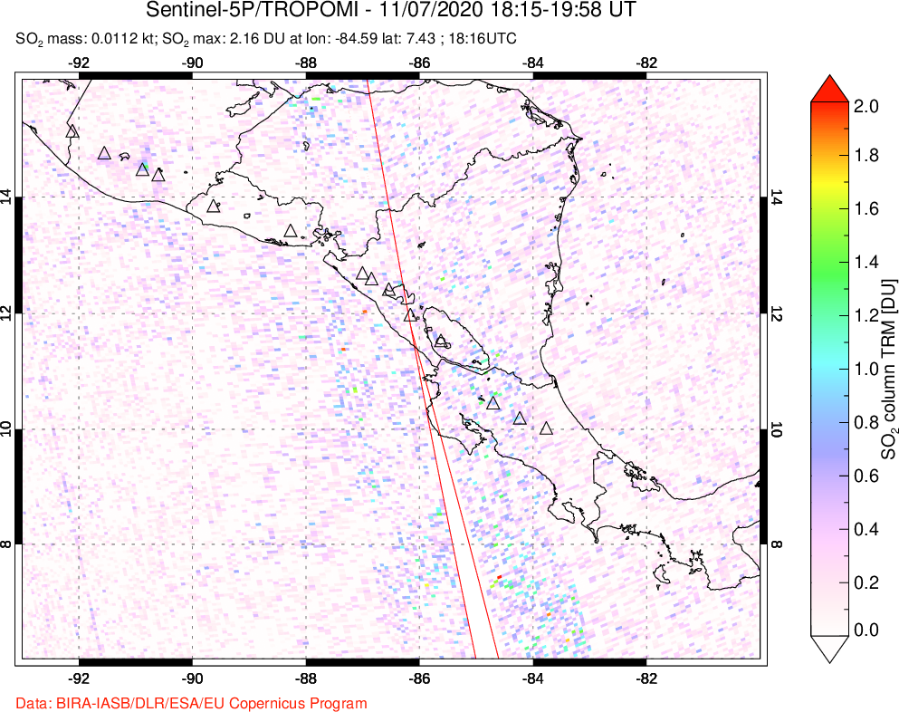 A sulfur dioxide image over Central America on Nov 07, 2020.