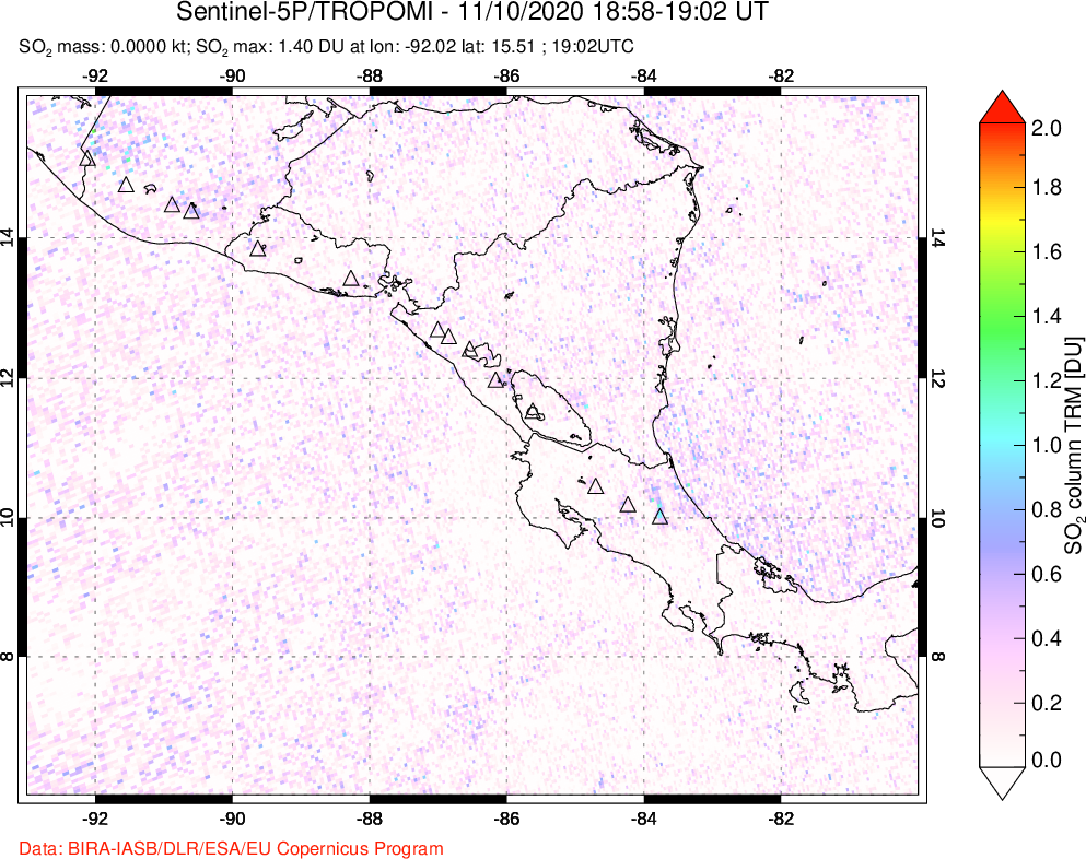 A sulfur dioxide image over Central America on Nov 10, 2020.