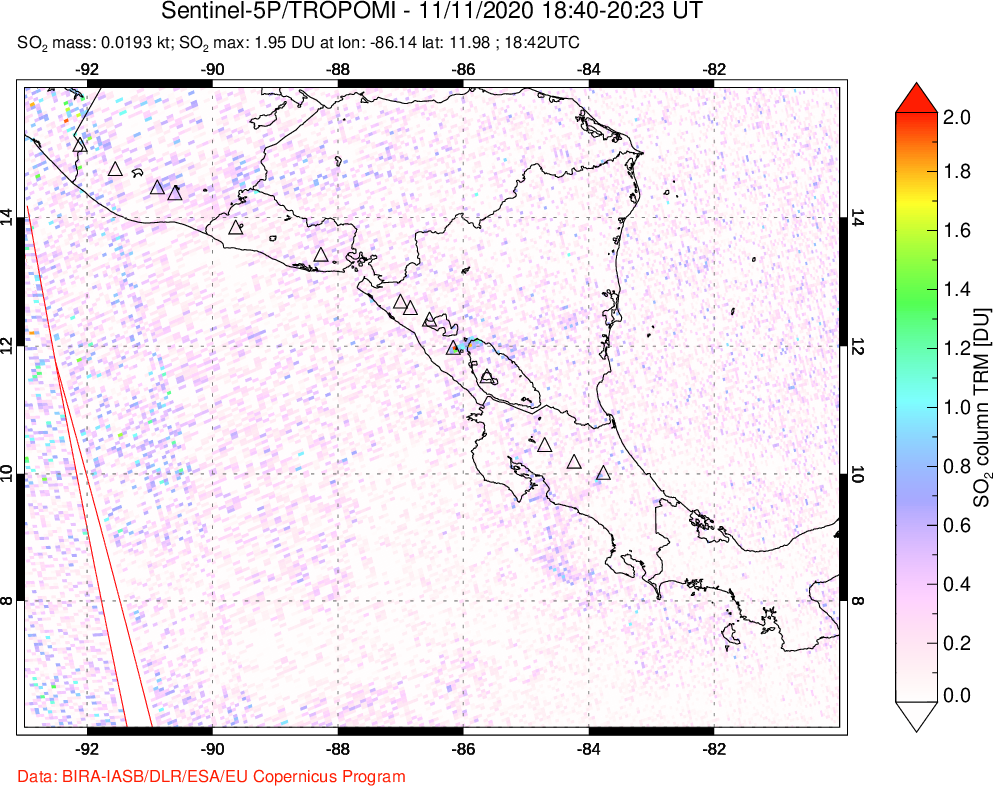 A sulfur dioxide image over Central America on Nov 11, 2020.