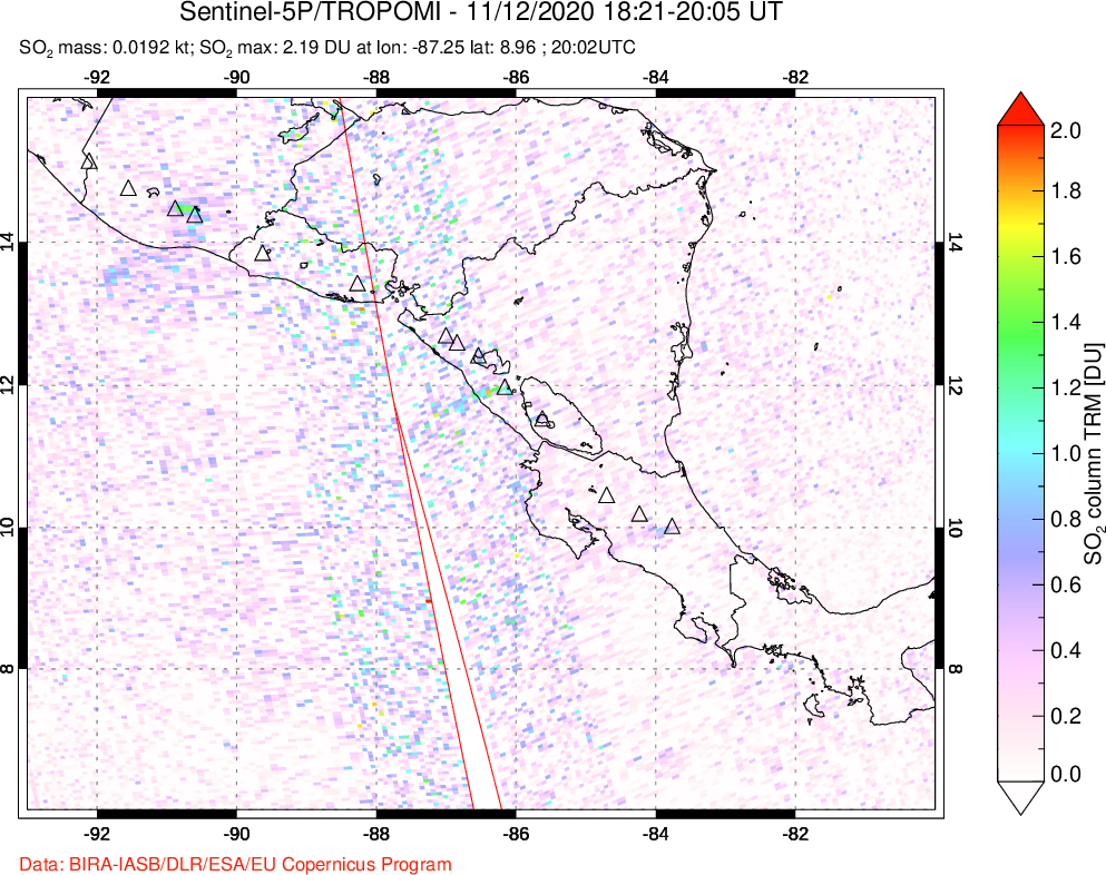 A sulfur dioxide image over Central America on Nov 12, 2020.