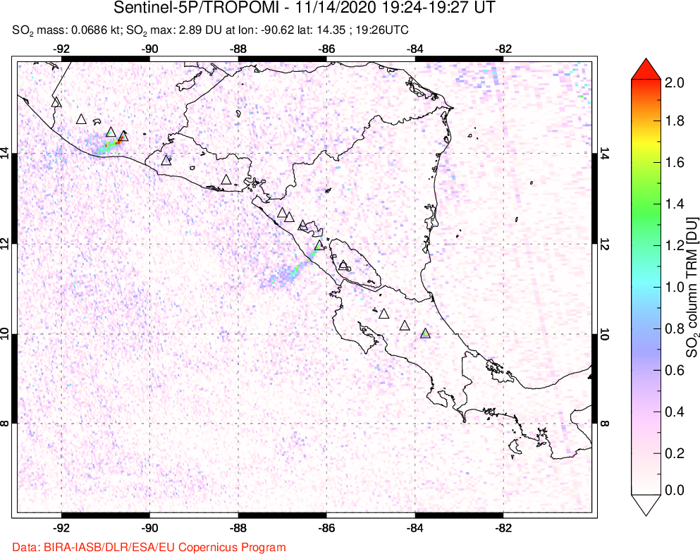 A sulfur dioxide image over Central America on Nov 14, 2020.