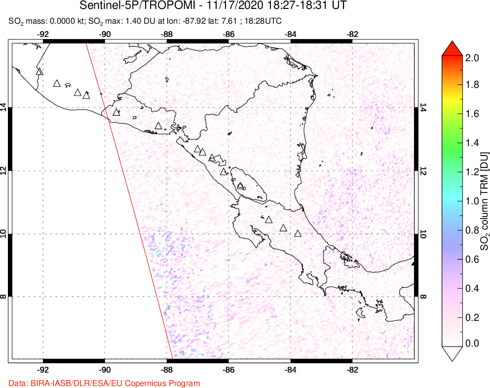 A sulfur dioxide image over Central America on Nov 17, 2020.