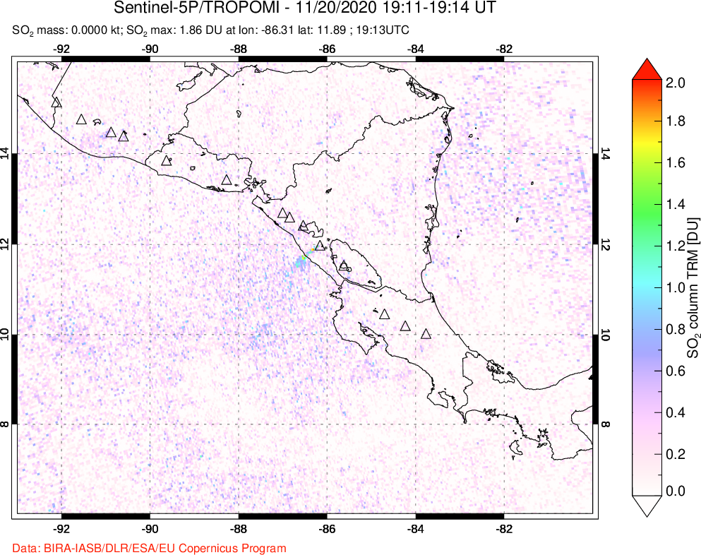 A sulfur dioxide image over Central America on Nov 20, 2020.