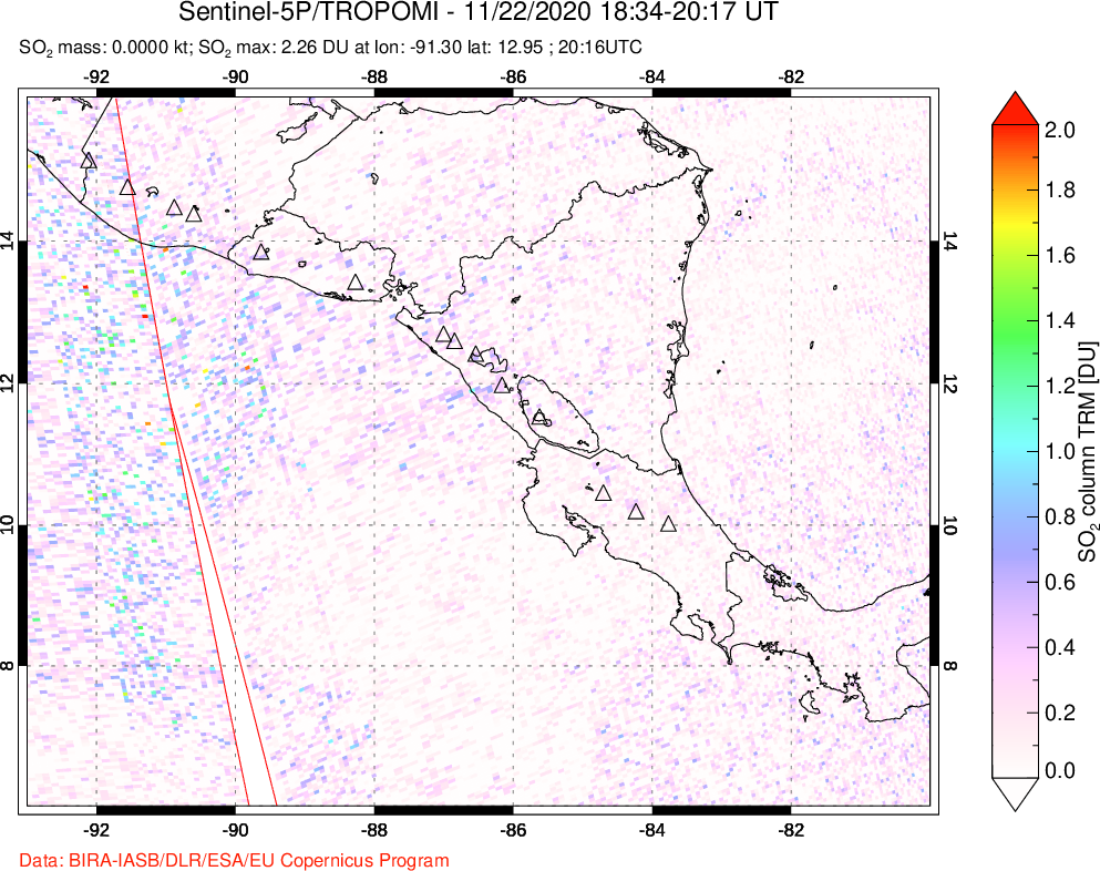 A sulfur dioxide image over Central America on Nov 22, 2020.