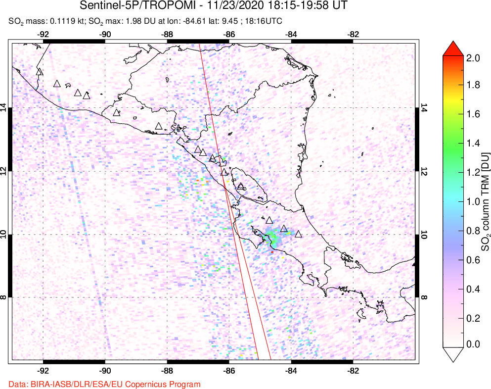 A sulfur dioxide image over Central America on Nov 23, 2020.