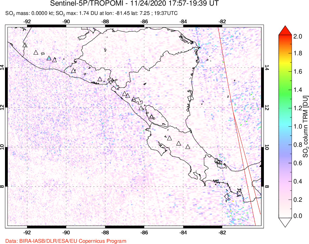 A sulfur dioxide image over Central America on Nov 24, 2020.