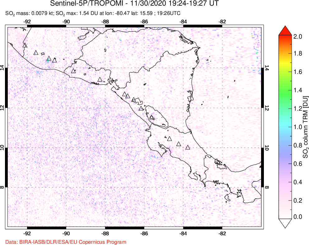 A sulfur dioxide image over Central America on Nov 30, 2020.