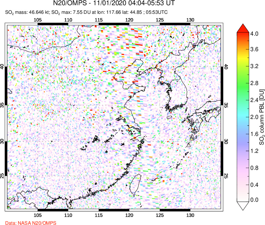 A sulfur dioxide image over Eastern China on Nov 01, 2020.