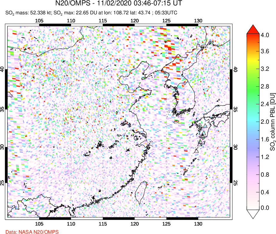 A sulfur dioxide image over Eastern China on Nov 02, 2020.
