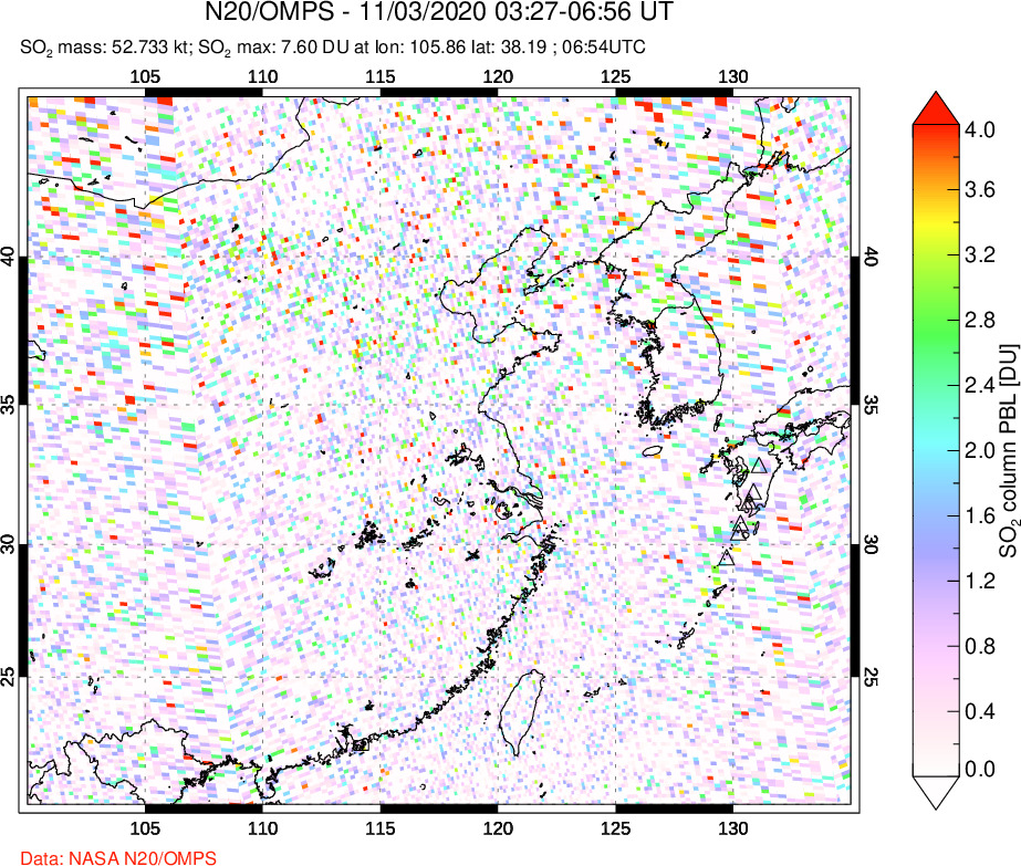 A sulfur dioxide image over Eastern China on Nov 03, 2020.