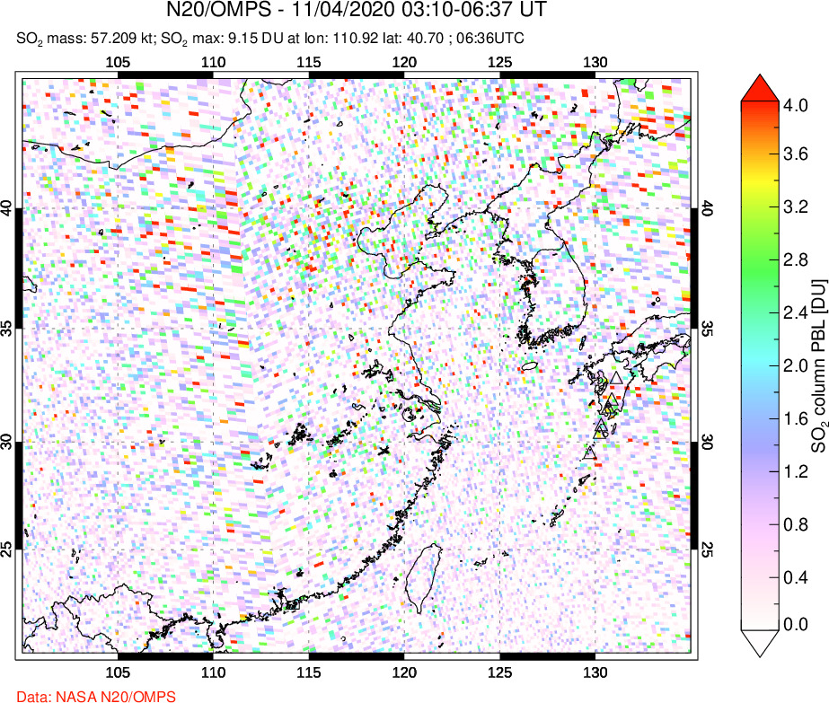 A sulfur dioxide image over Eastern China on Nov 04, 2020.
