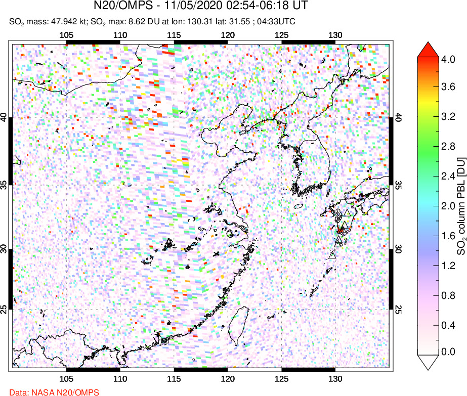 A sulfur dioxide image over Eastern China on Nov 05, 2020.