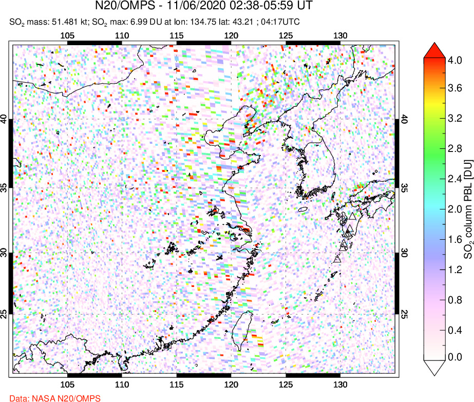 A sulfur dioxide image over Eastern China on Nov 06, 2020.