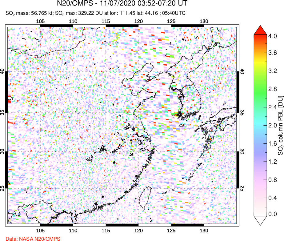 A sulfur dioxide image over Eastern China on Nov 07, 2020.