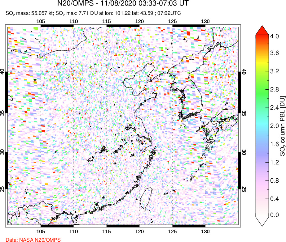 A sulfur dioxide image over Eastern China on Nov 08, 2020.
