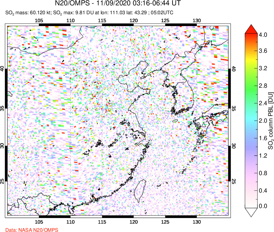 A sulfur dioxide image over Eastern China on Nov 09, 2020.