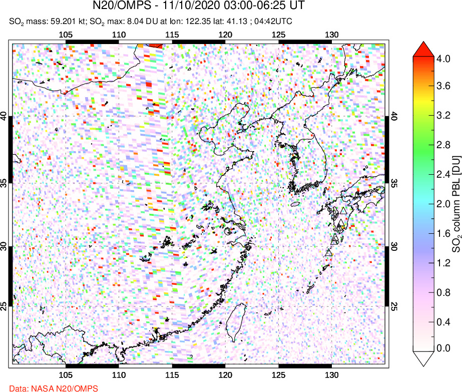 A sulfur dioxide image over Eastern China on Nov 10, 2020.