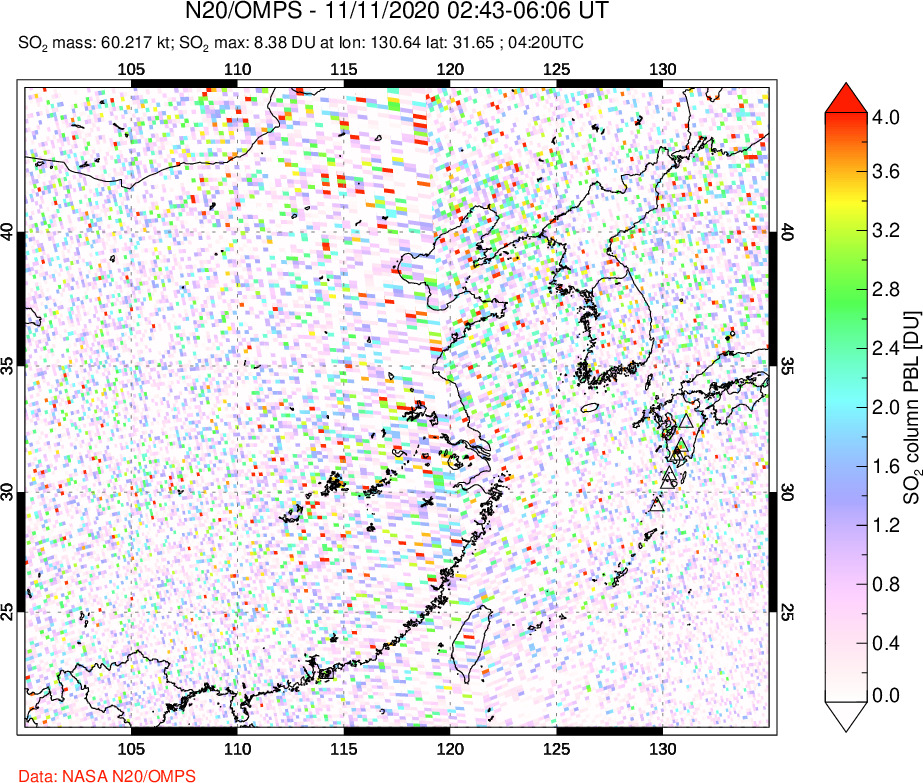 A sulfur dioxide image over Eastern China on Nov 11, 2020.