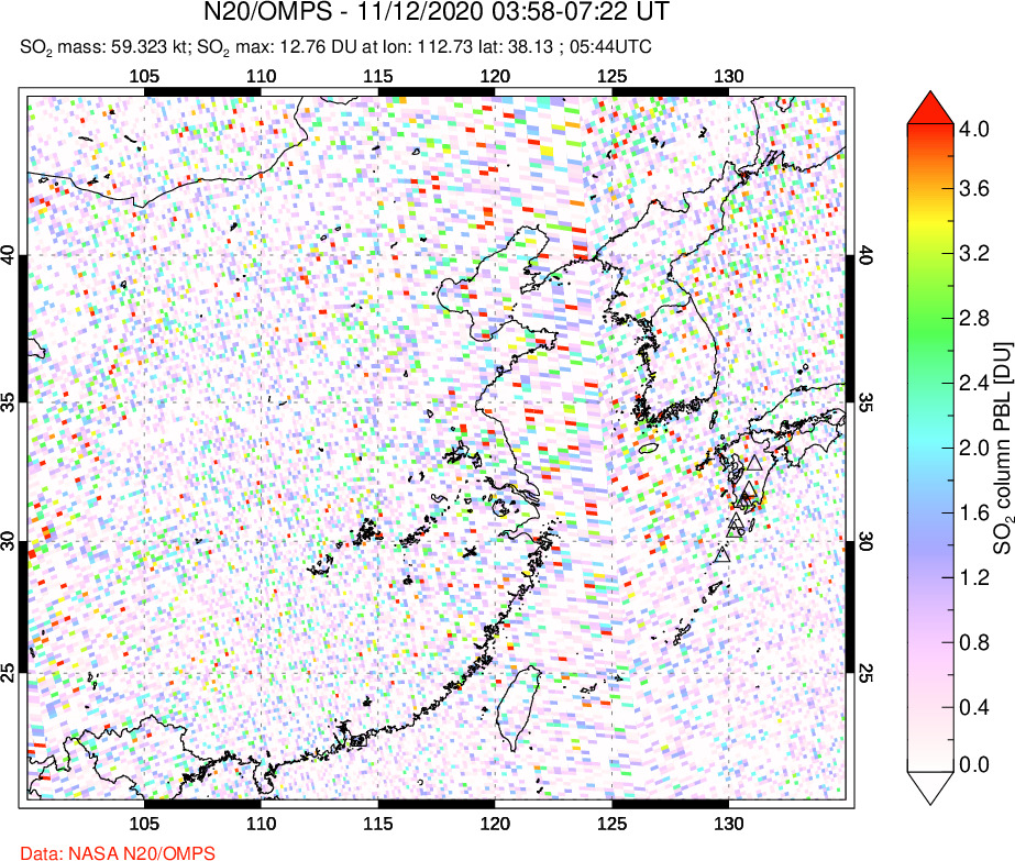 A sulfur dioxide image over Eastern China on Nov 12, 2020.