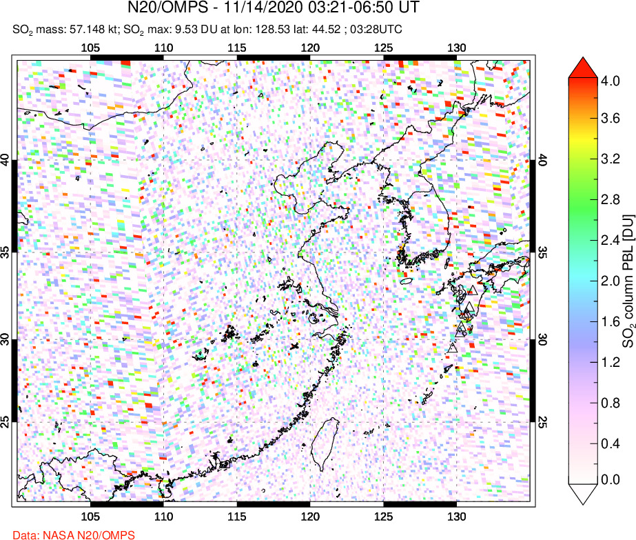 A sulfur dioxide image over Eastern China on Nov 14, 2020.