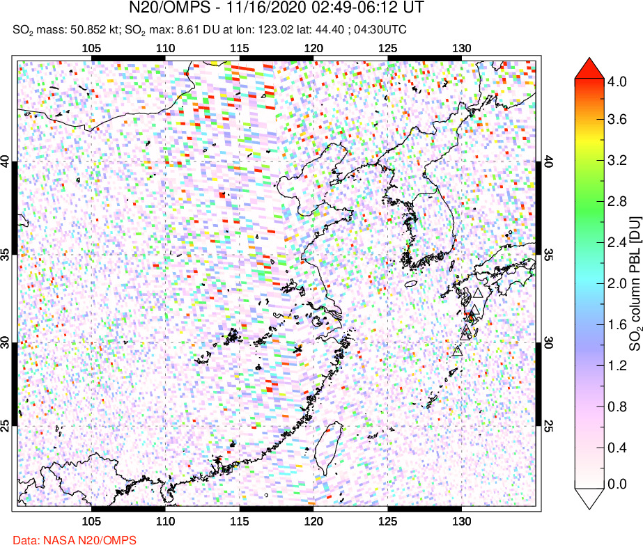 A sulfur dioxide image over Eastern China on Nov 16, 2020.