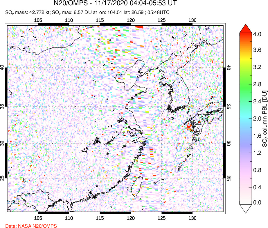 A sulfur dioxide image over Eastern China on Nov 17, 2020.