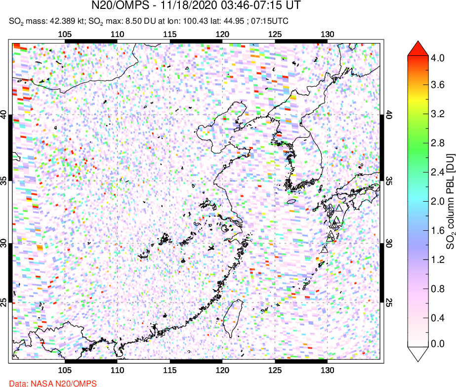 A sulfur dioxide image over Eastern China on Nov 18, 2020.