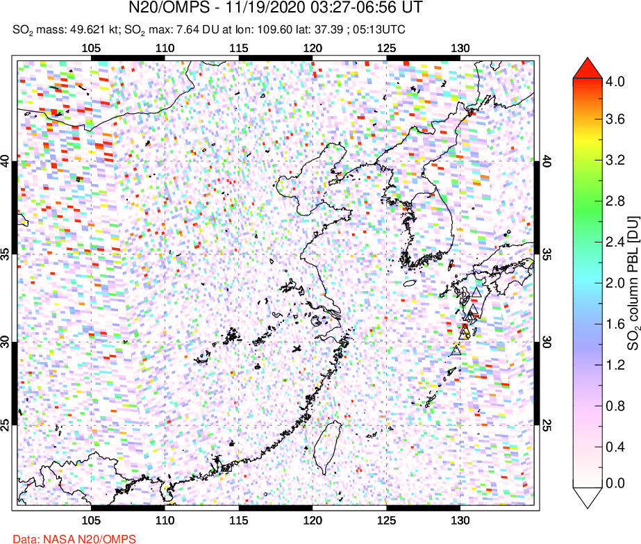A sulfur dioxide image over Eastern China on Nov 19, 2020.